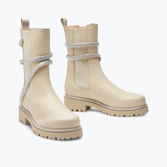 René Caovilla White Leather Cleo Mid-Calf Biker Boots - Picture 1 of 14
